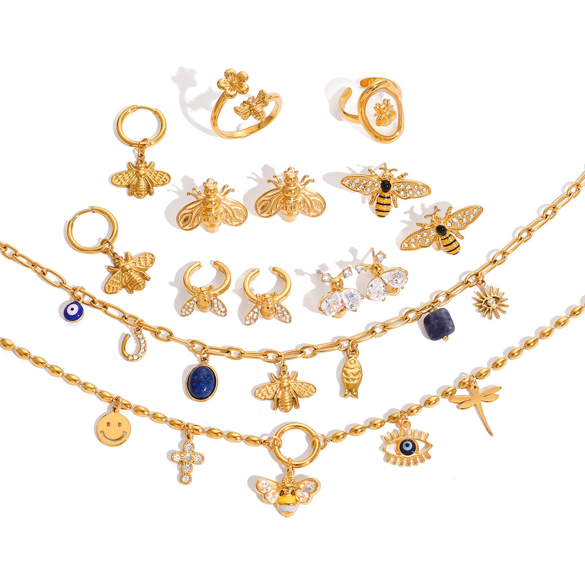 Stainless Steel Bee Earrings Ring Necklace Ring Non-Fading Bracelet