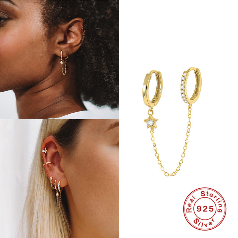 S925Sterling Silver Double Hoop Chain Connected Five-Pointed Star Inlaid Diamond Pendant Hoop Earrings Trendy Exaggerated Ear Jewelry