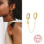 S925Sterling Silver Double Hoop Chain Connected Five-Pointed Star Inlaid Diamond Pendant Hoop Earrings Trendy Exaggerated Ear Jewelry