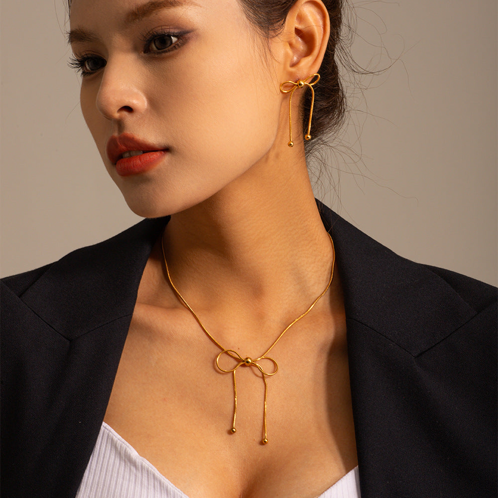 Women's Vintage Bow Earrings Stainless Steel Butterfly Shape Pendant Earrings Ring