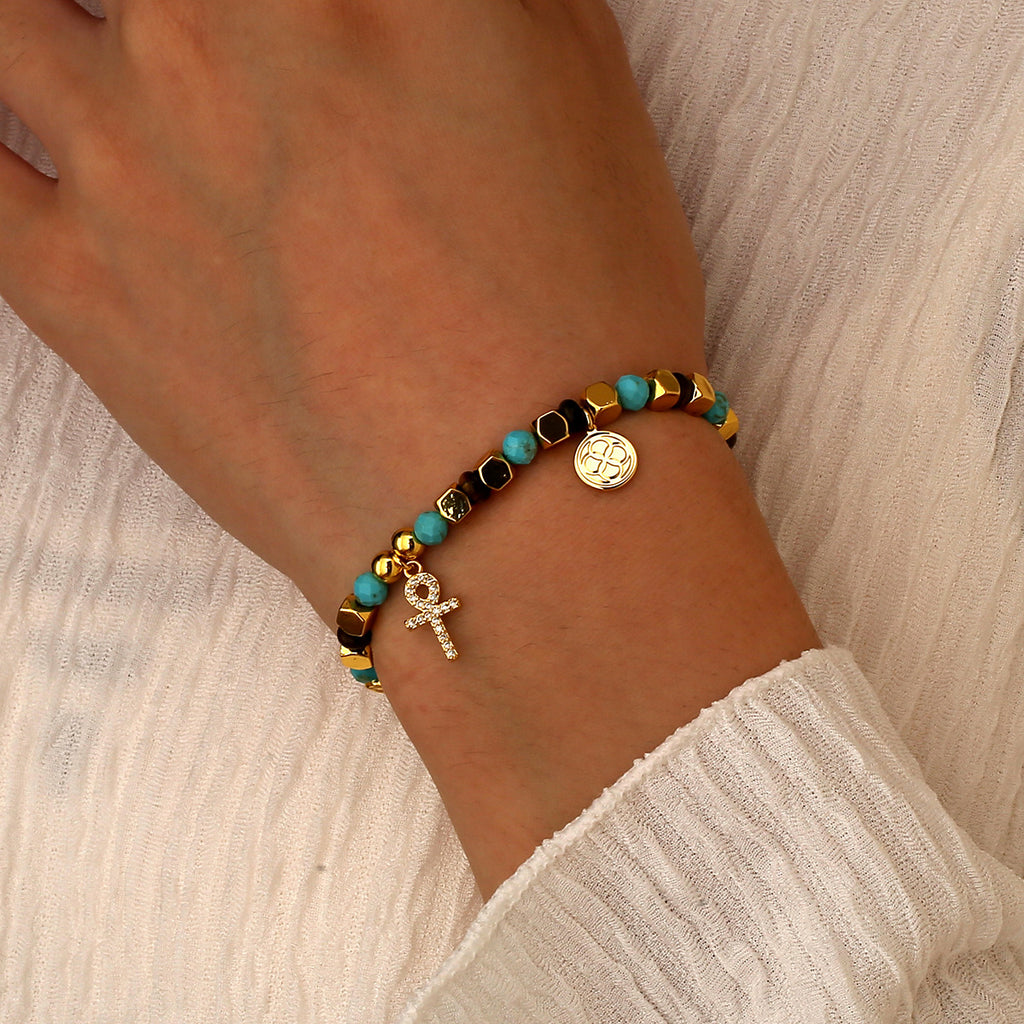 B0293 Geometric Cross Inlaid Zircon Beaded Blue Pine Tiger Eye Stone Bracelet