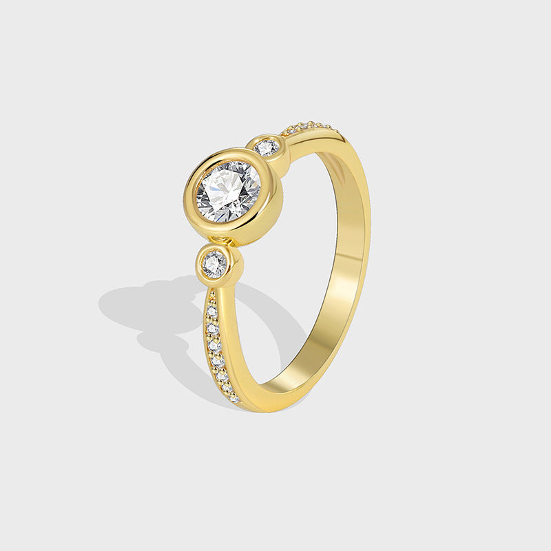 R0368 Simple Design Zircon Ring for Women, Brass Gold-Plated Micro-Inlaid White Zircon Ring