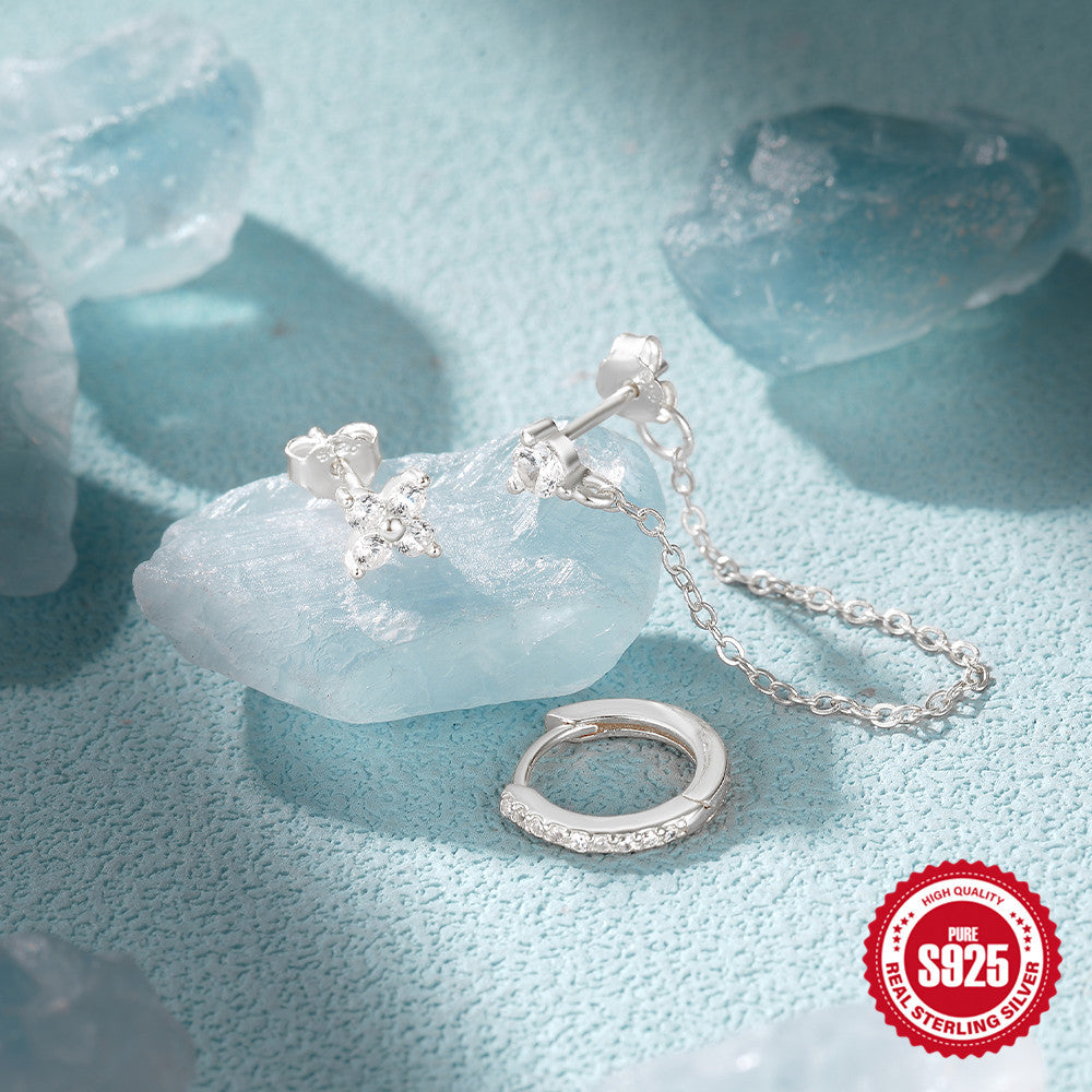 New925Sterling Silver Daily Matching Hoop Earrings with Diamond Inlay Chain Tassel Earrings Jewelry Set Hot Sale