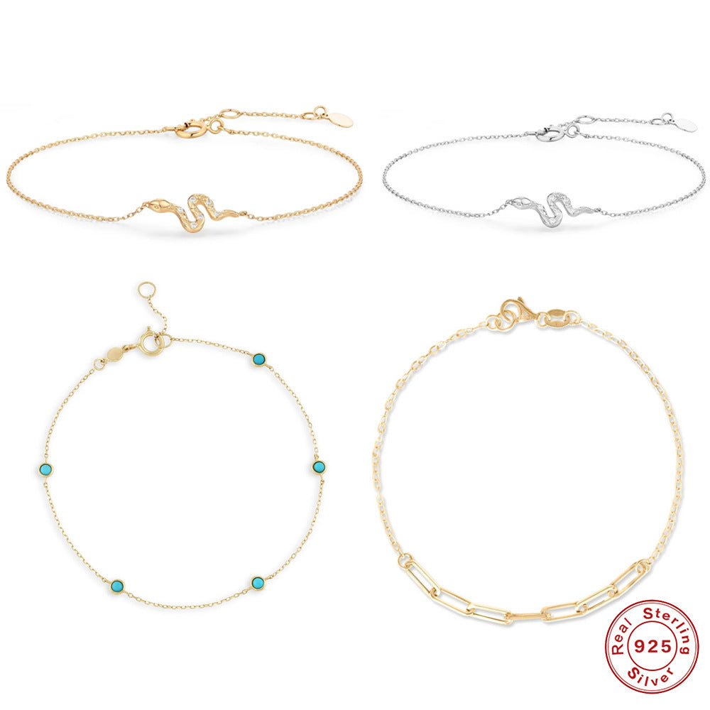 S925 Sterling Silver Paperclip Snake Bracelet Diamonds And Turquoise