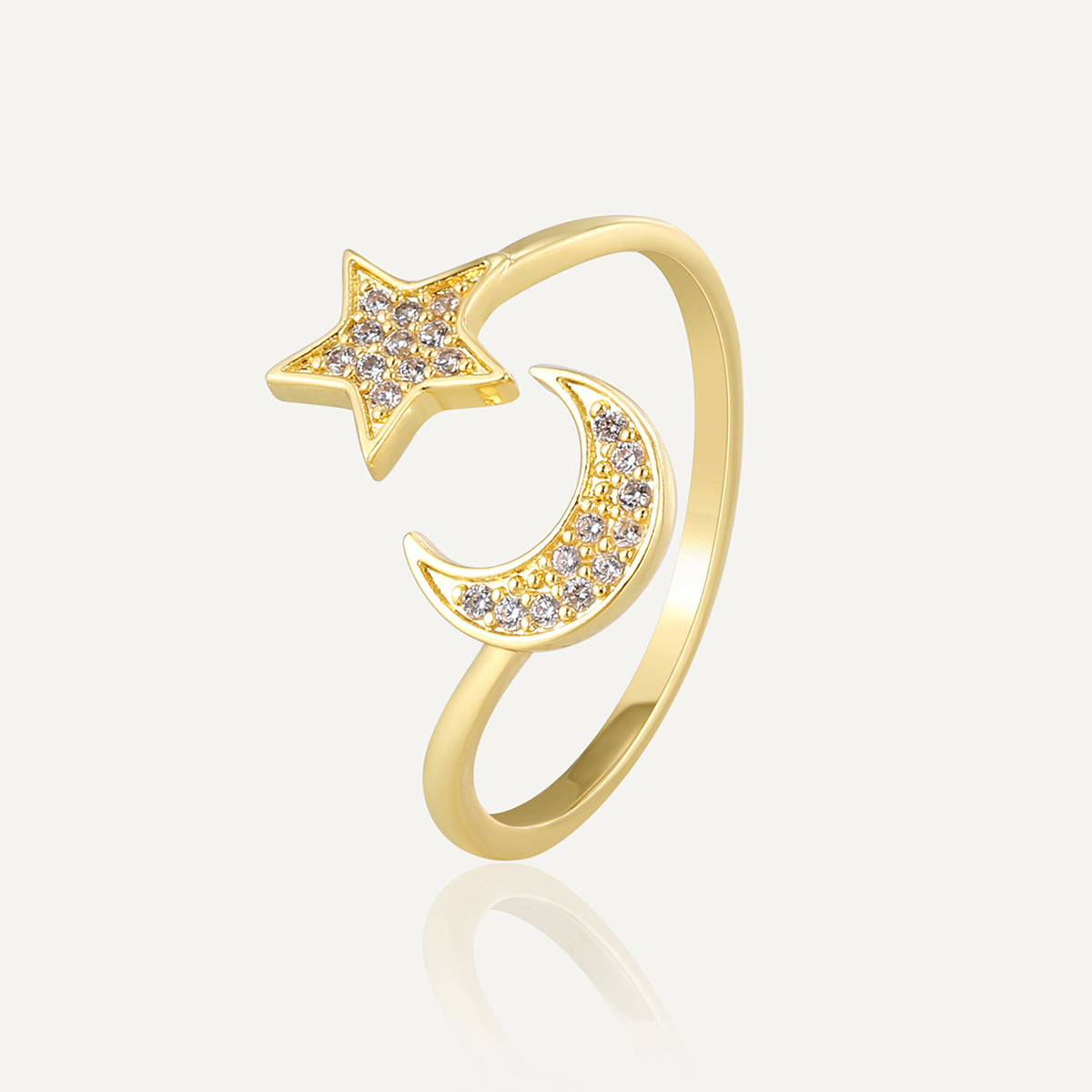R0676 Star and Moon Inlaid Zircon Ring for Women, New Open Adjustable Tail Ring