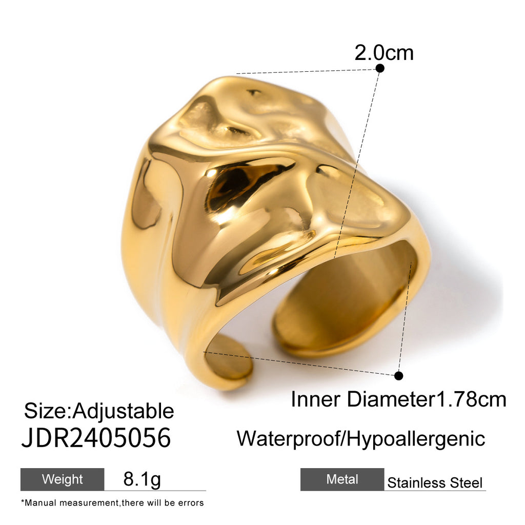 18k Gold Stainless Steel Large Hammer Pattern Open Ring Fashion Simple Unique Design Ring