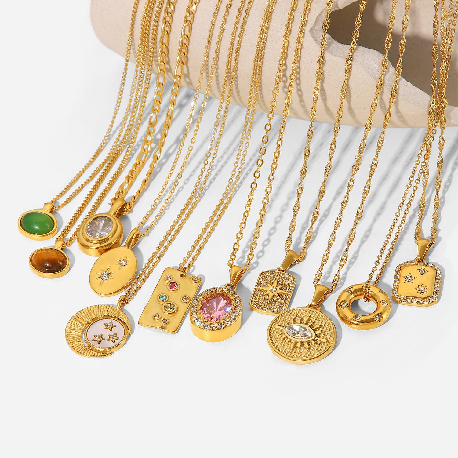 2H 18K Gold Stainless Steel Necklace Vintage Natural Stone Pendant Necklace Zircon Necklace for Women