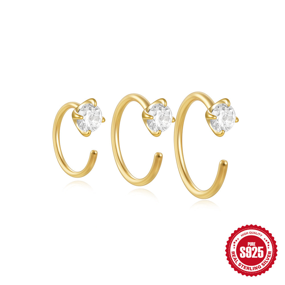 New S925Sterling Silver C Four-Prong Diamond-Studded Piercing Threader Ear Clip Earrings Set Hot-Selling Creative Earrings