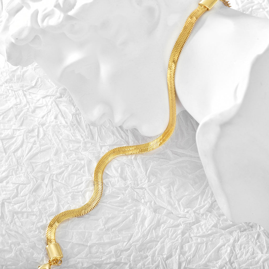 B0051New Genuine Gold Plated Wide Snake Bone Bracelet for Women, Minimalist and Cool Style