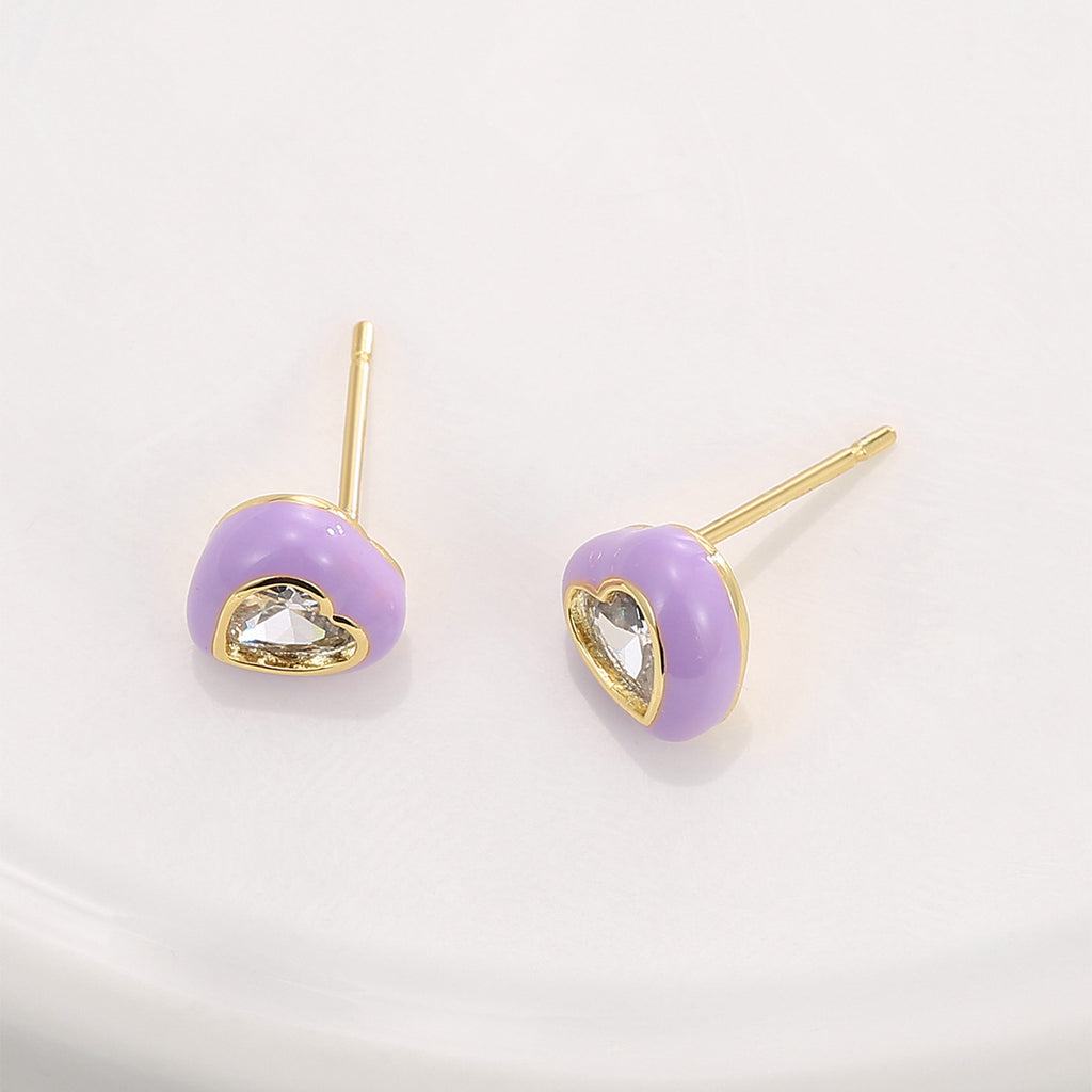E0770 Cute Dopamine Jewelry Heart-shaped Earrings for Women Purple Resin Inlaid Heart Zircon Earrings
