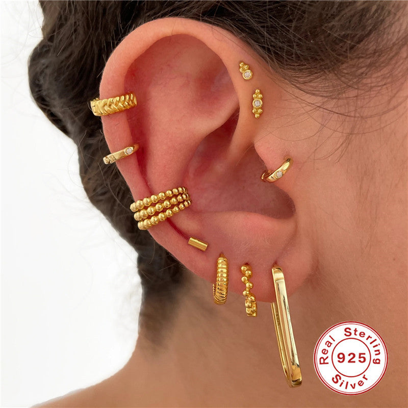 S25Sterling Silver Three-Layer Round Bead Double-Layer Inlaid Diamond Ear Clip Non-Pierced Ear Cuff Ear Jewelry Cool Minimalist Style Earrings