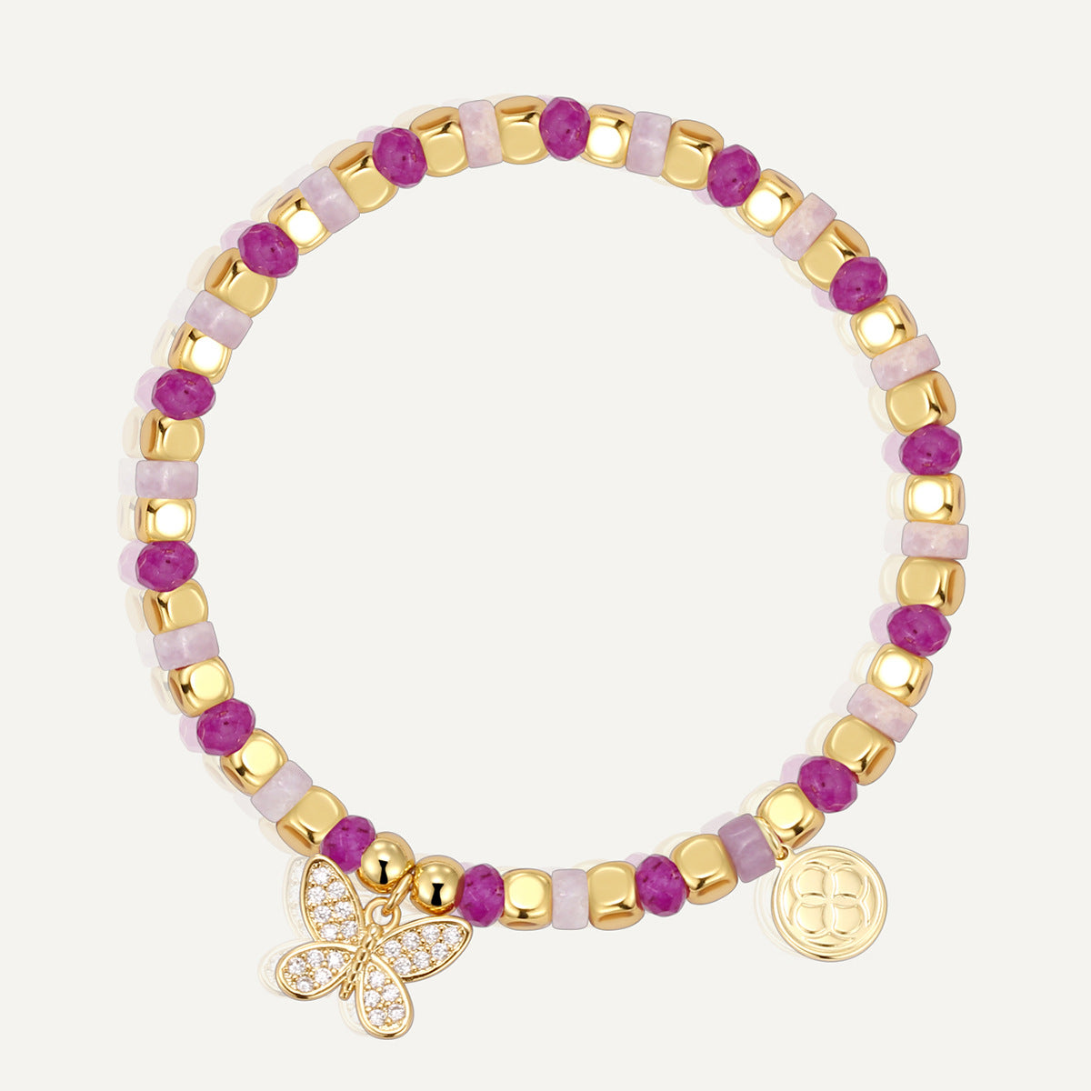 B0277 Bohemian Butterfly Inlaid Zircon Beaded Design Pink Quartz Chalcedony Bracelet