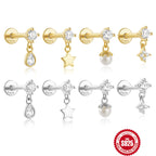 925Sterling Silver Five-Pointed Star Water Drop Inlaid Diamond Flat Head Threaded Piercing Ear Bone Stud Hot-Selling Pearl Earrings