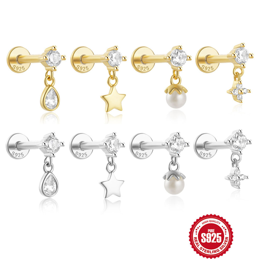 925Sterling Silver Five-Pointed Star Water Drop Inlaid Diamond Flat Head Threaded Piercing Ear Bone Stud Hot-Selling Pearl Earrings