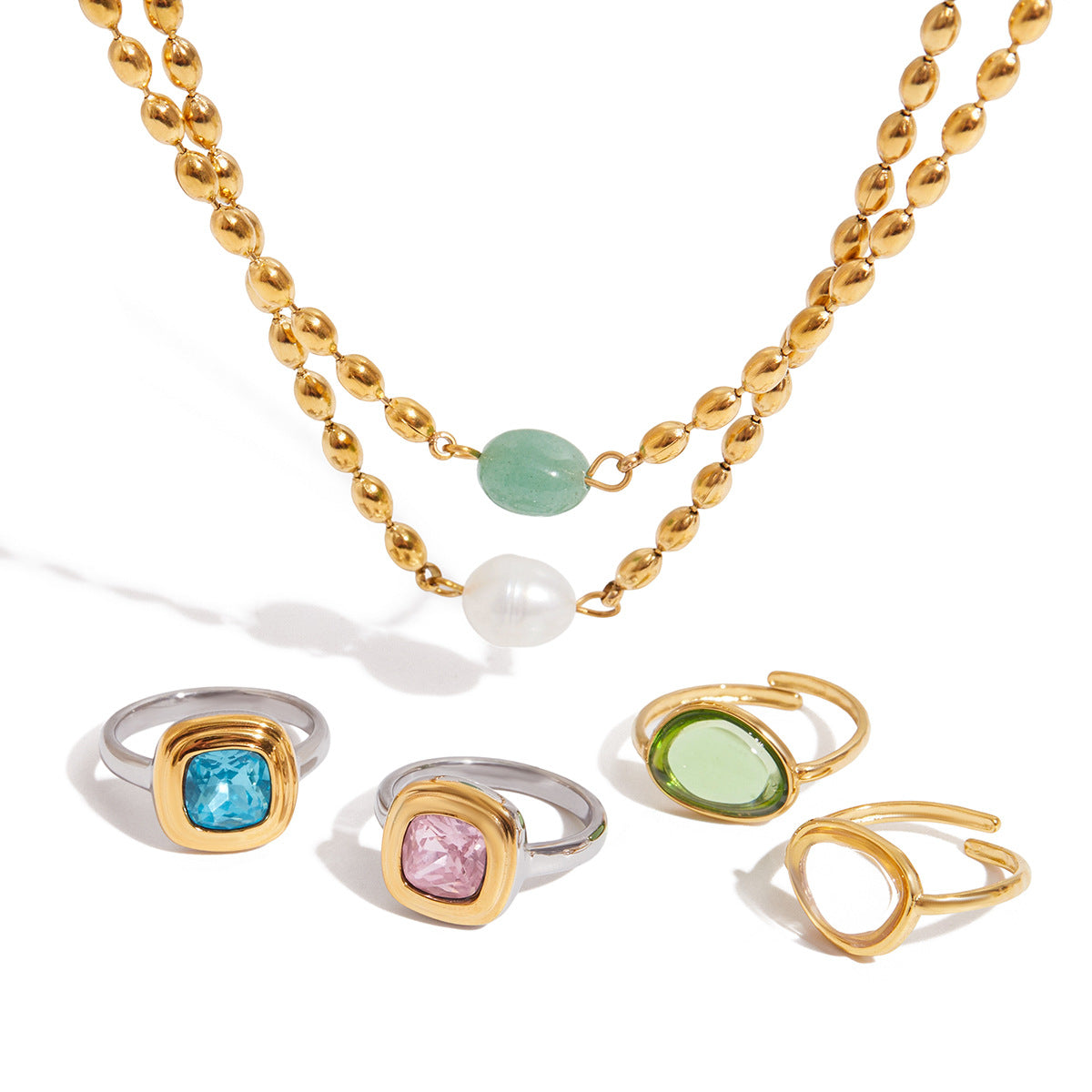 Golden Bean Pearl Necklace Jewelry Stainless Steel Natural Stone Ring