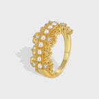 R0417 French Style Exquisite Design Ring for Women, Copper Plated with Real Gold, Inlaid with Zircon and Shell Pearl Tail Ring