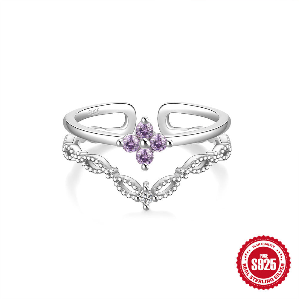 S925Pure Silver Japanese Style High-End Diamond-Studded Ring Japanese and Korean Design Sense Diamond Heart Petal Open Index Finger Ring