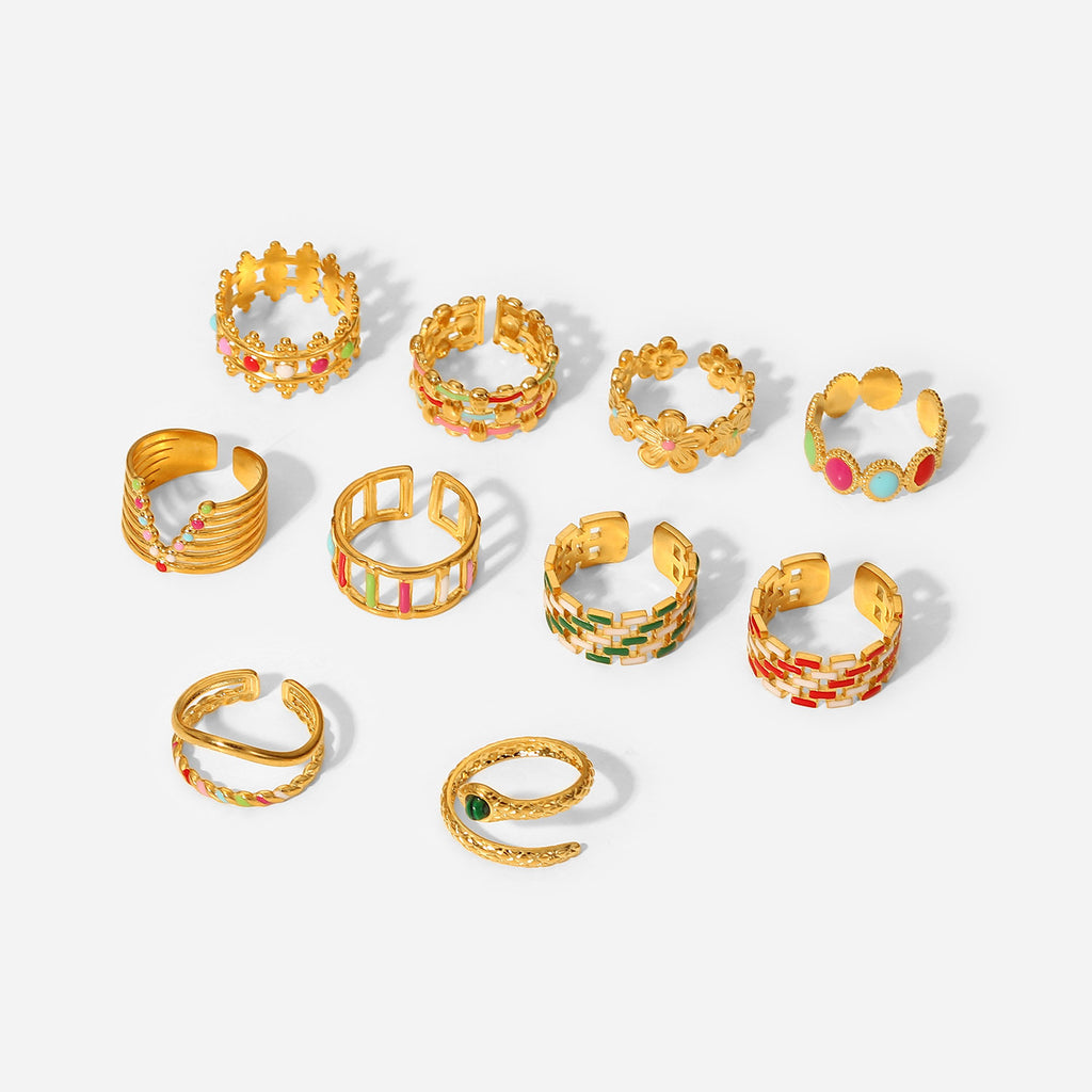 2H New 18K Gold-plated Stainless Steel Ring Women's Fashion Geometric Colorful Oil Drop Ring Jewelry