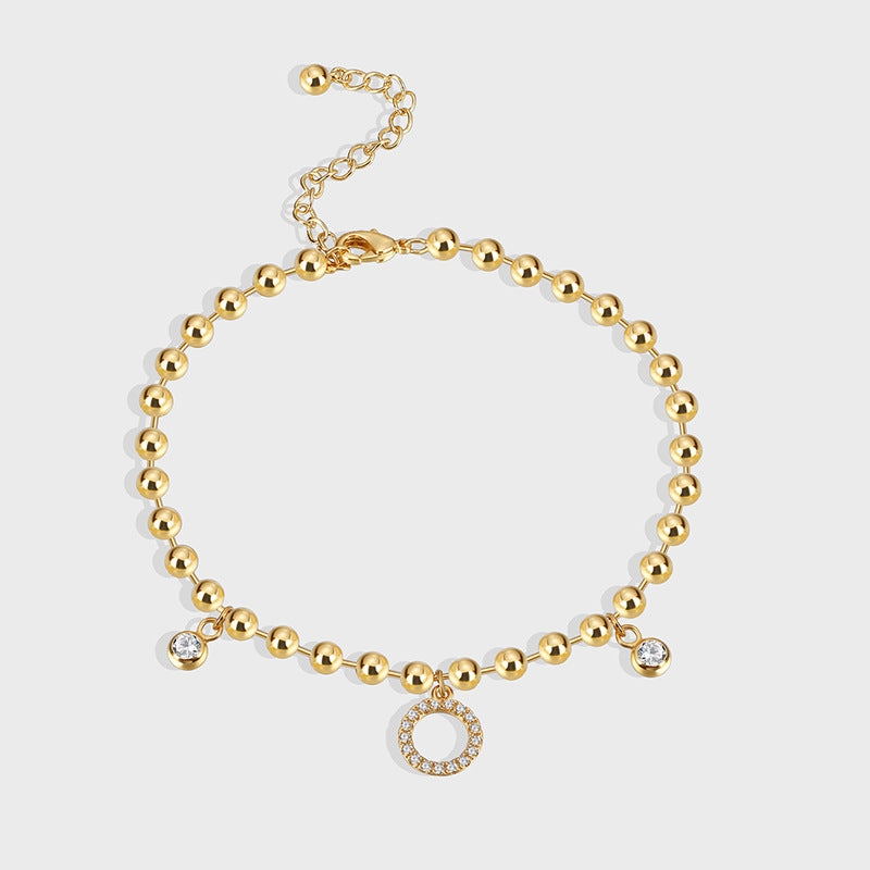 A0030 gold Round Bead Chain Inlaid Zircon Anklet for Women Simple and Cool Micro Inlaid White Zircon Foot Jewelry