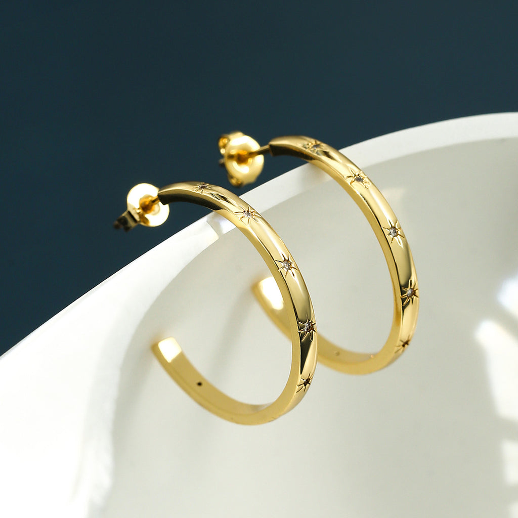 E0046Exaggerated gold Circle Star Earrings for Women with Inlaid Diamonds Round Hoop Earrings