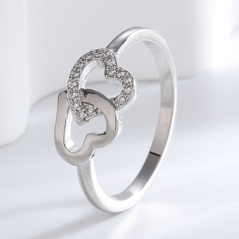 S0007  Korean Fashion Elegant Double Heart Bracelet Necklace Earrings Ring Four-Piece Set White gold Jewelry Set