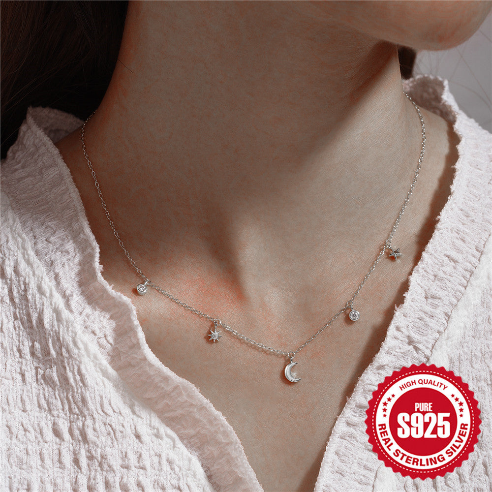 Sterling Silver Star Moon Diamond Necklace Stacked Collarbone Chain