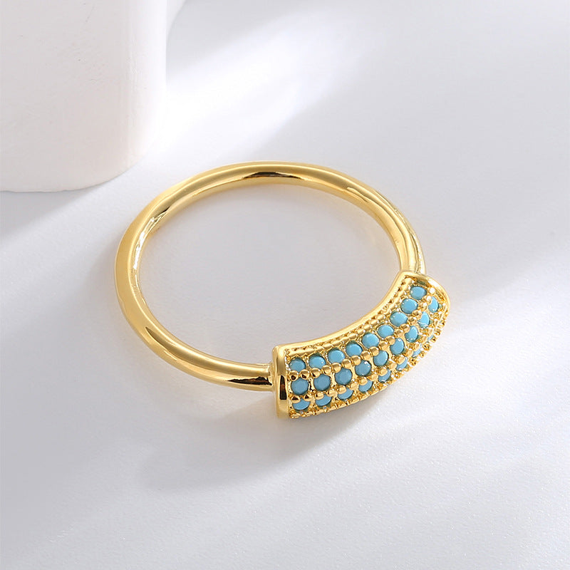 R0334 Personalized Fashion Minimalist Dense Blue Turquoise Ring for Women Copper Plated with Real Gold Elegant Versatile