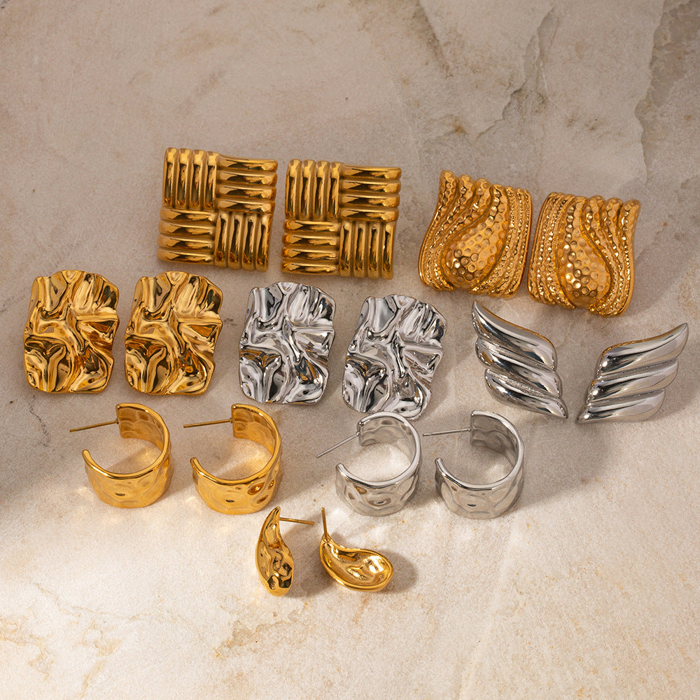 2H Fashionable and Unique Earrings18k Gold Stainless Steel Square Texture Stud Earrings Elegant Ear Jewelry