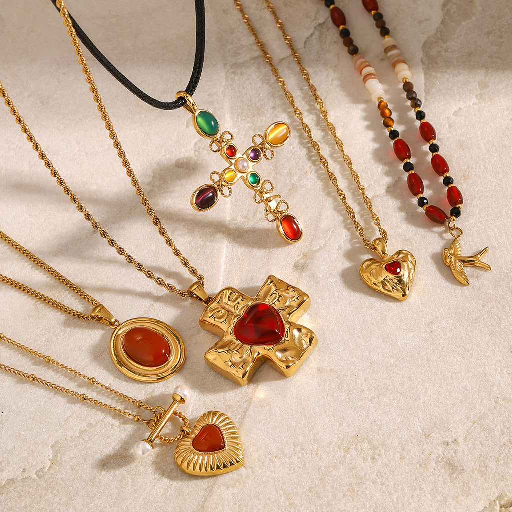 Stainless Steel Red Agate Cross Necklace Heart Pendant Collarbone Chain Neck Chain Jewelry