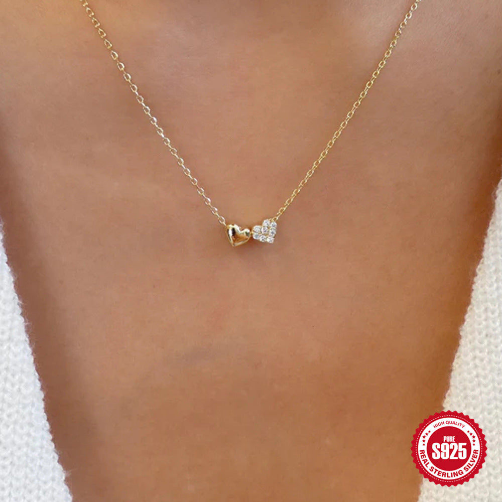 S925 Sterling Silver Double Heart Collarbone Necklace With Diamond