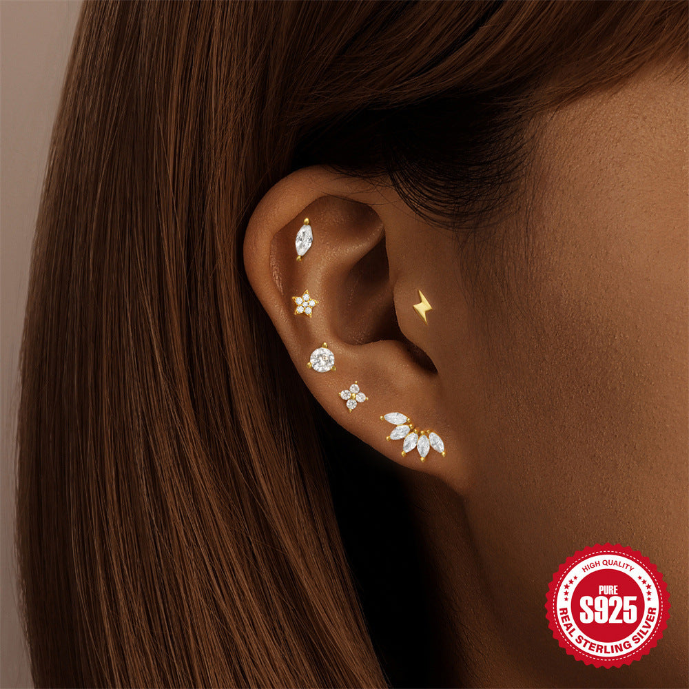 S925Sterling Silver Horse Eye Inlaid Diamond Crown Double-Sided Wearable Soft Bone Threaded Piercing Ear Bone Stud New Earrings for Women