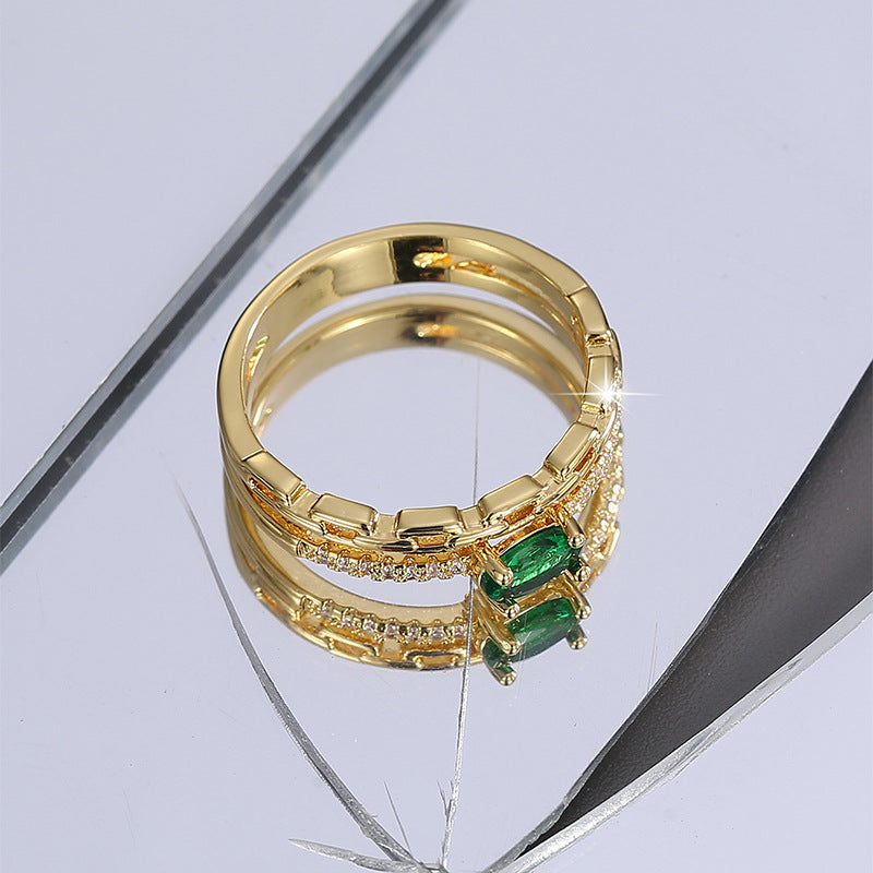R0415 Chain Design Ring Women's Fashion Copper Plated Real Gold Green Zircon Ring
