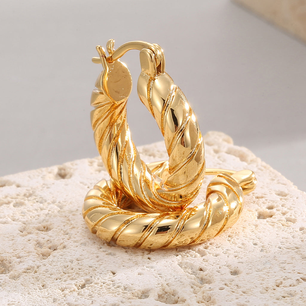E0329 S925Silver Needle Design Hemp Rope Pattern Smooth Earrings for Women Brass Gold-Plated Hoop Earrings