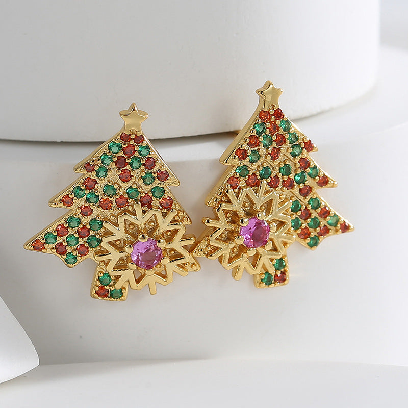 E0543 Fashion Christmas Jewelry Zircon Earrings for Women Brass Gold-Plated Exquisite Christmas Tree Snowflake Stud Earrings