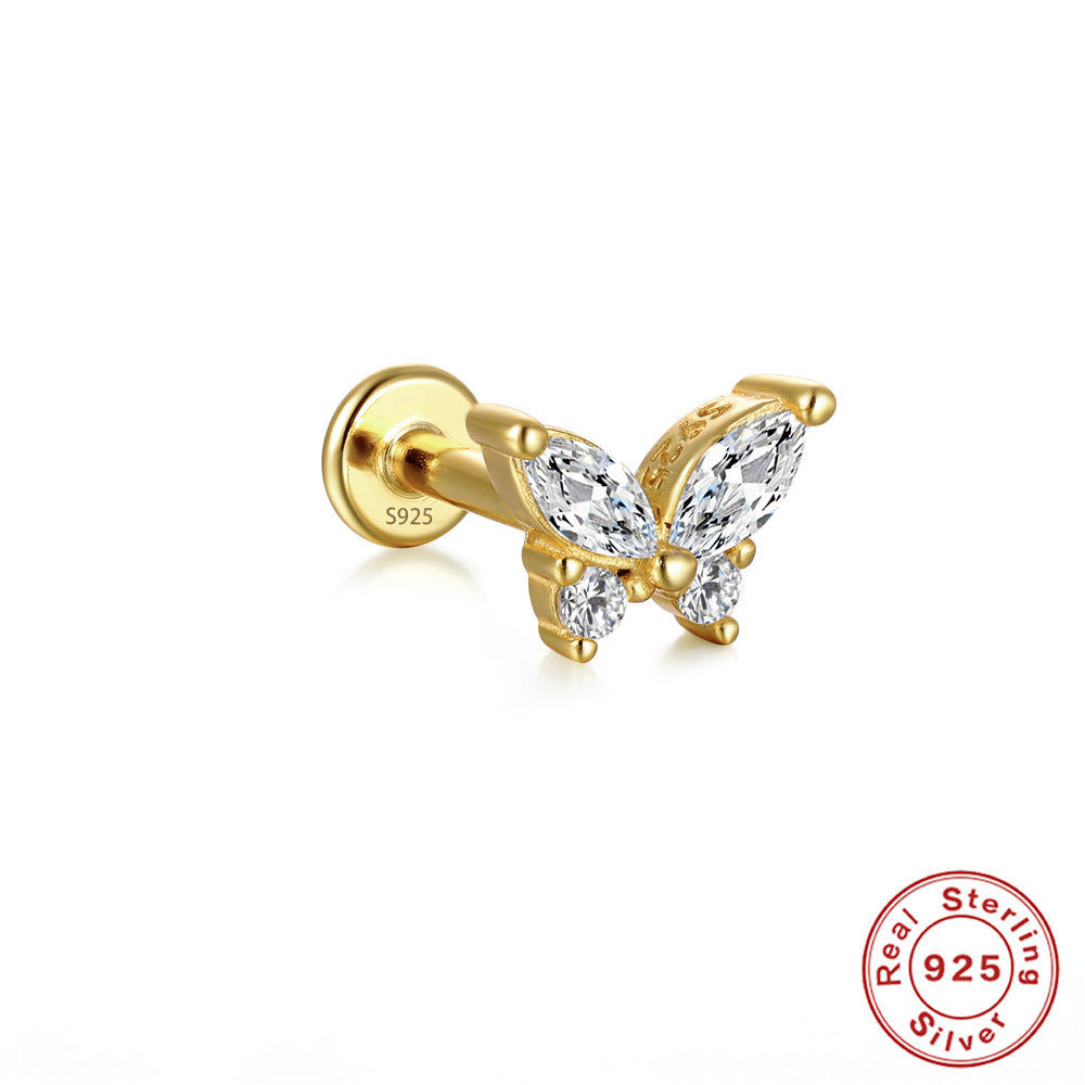 S925Sterling Silver Butterfly Inlaid Diamond Pearl Spiral Ear Cuff Hot Sale16G Flat Head Piercing Ear Cuff Jewelry
