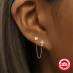 S925Sterling Silver Star Moon Tassel Chain Diamond Earrings Korean Style Love Heart Design Bright Silver Earrings for Women