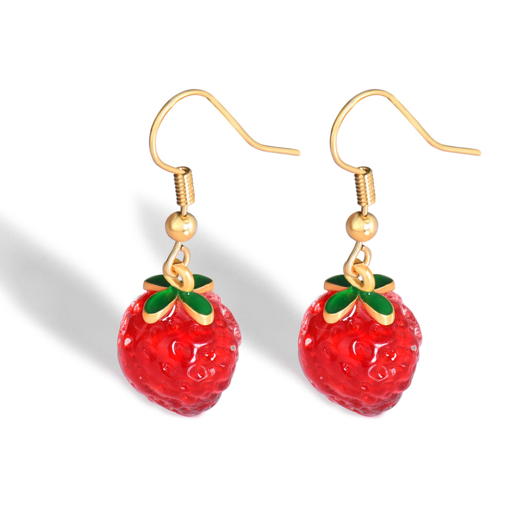 E0253 Korean Version Sweet Cute Little Fragrant Red Three-Dimensional Strawberry Resin Earrings for Women Copper Plated with Real Gold Small Ear Hooks