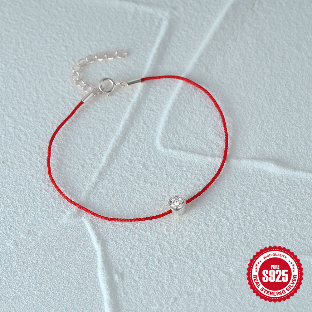 S925 Sterling Silver Red Rope Single Diamond Inlaid Women's Bracelet