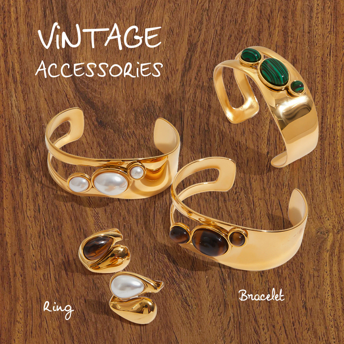 Natural Stone Hollow Open Bracelet for Women, Non-Fading Jewelry, Stainless Steel Ring Accessories