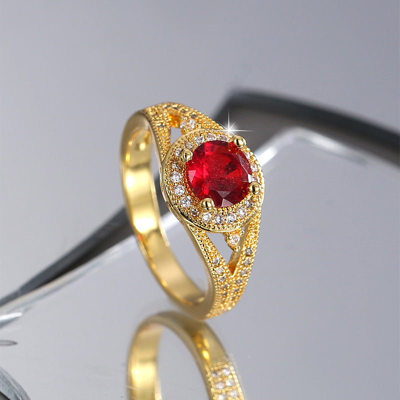 R0457 Design Sense Round Red Zircon Ring for Women, Simple Micro Pave White Zircon Modern Tail Ring
