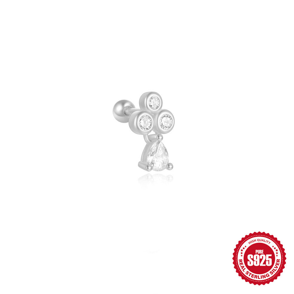 S925Sterling Silver Inlaid Diamond Small Gold Ball Piercing Threaded Ear Bone Stud Japanese and Korean Sweet Style Chain Tassel Earrings Stud for Women