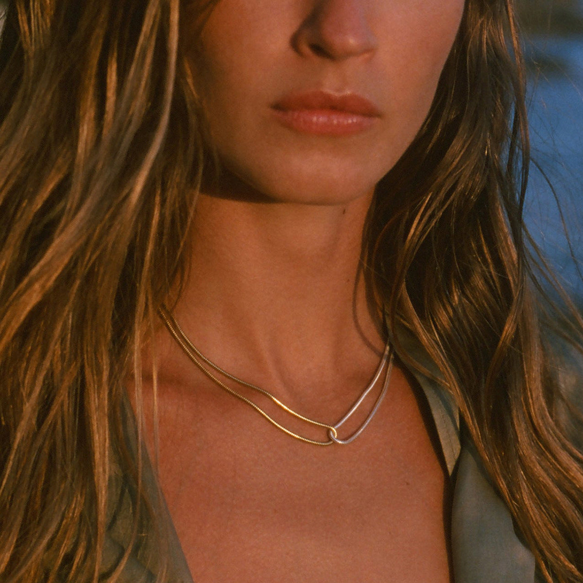 Gold And Silver Color Block Flat Snake Bone Chain Necklace