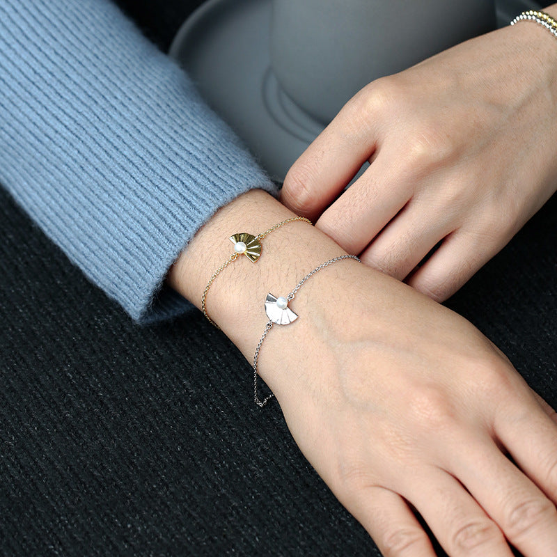 Folding Fan Pearl Bracelet for Women Fashion Gold-Plated Best Friend Jewelry Customization