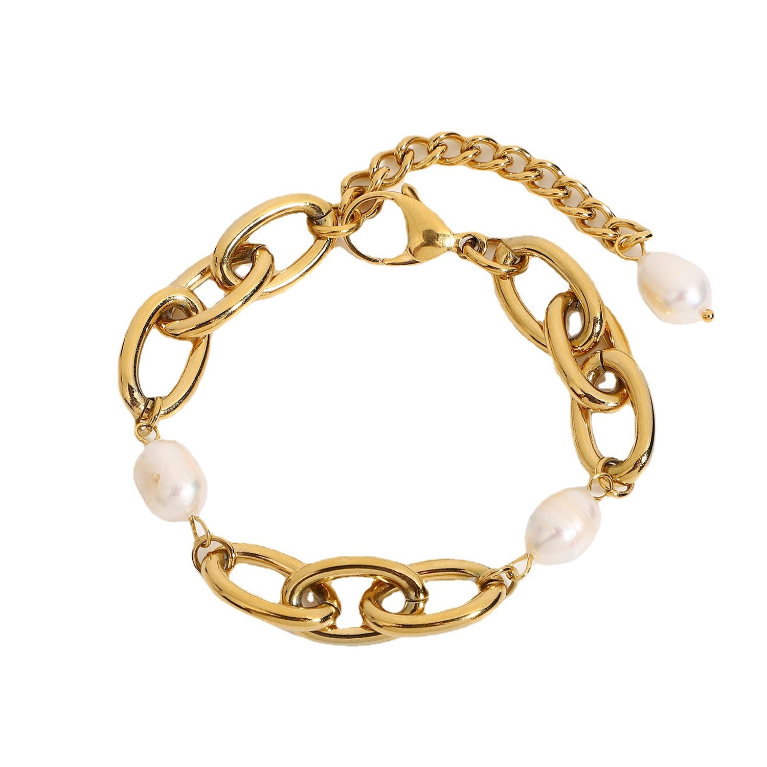 2H 18K Gold Plated Stainless Steel Pearl Bracelet12mm Oval Chain Chunky Bracelet Jewelry for Women