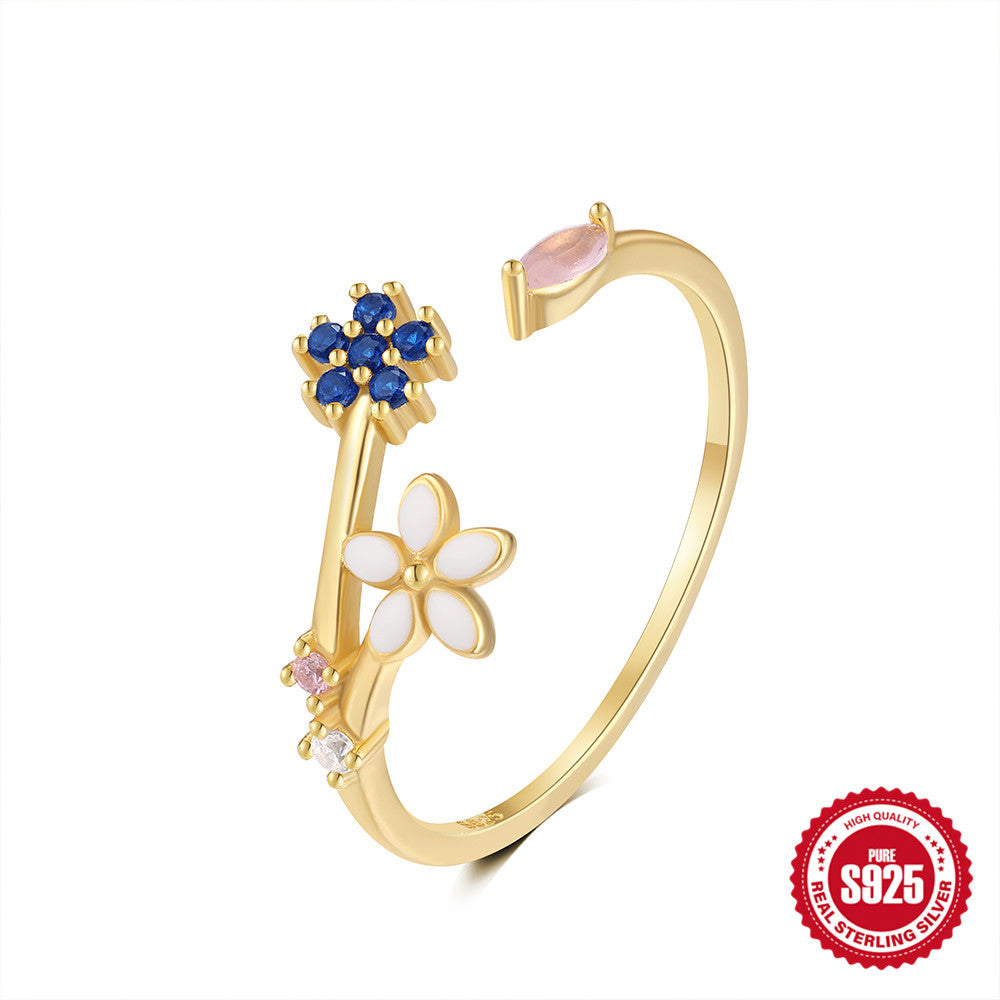S925Sterling Silver Heart Flower Inlaid Diamond Open Ring Korean Style Opal Index Finger Ring