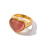 2H Trendy Influencer Fashion18K Gold Heart-Shaped Pink Cat's Eye Stone Stainless Steel Ring Fashion