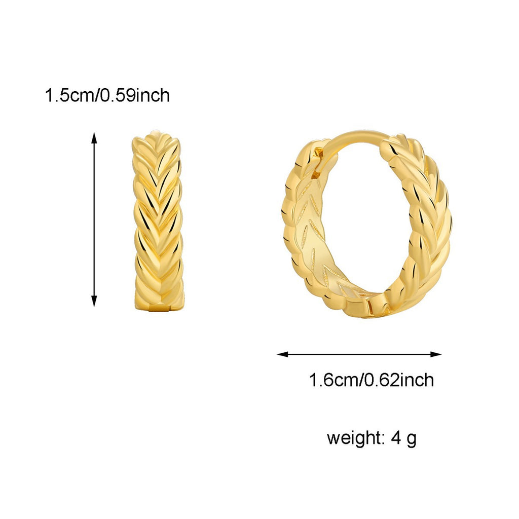 E0529 Simple Wheat Ear Earrings for Women, Brass Gold-Plated Fashionable Smooth Geometric Round Hoop Earrings