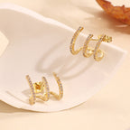 E0130 Design Three-Claw Zirconia Stud Earrings for Women, Minimalist Style Gold-Plated Earrings