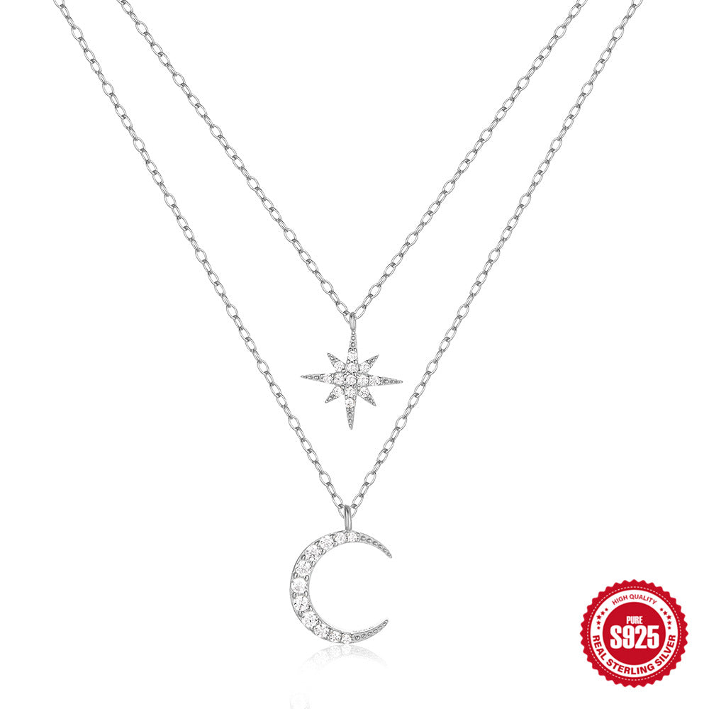 S925 Sterling Silver Diamond Star Moon Double Layer Necklace