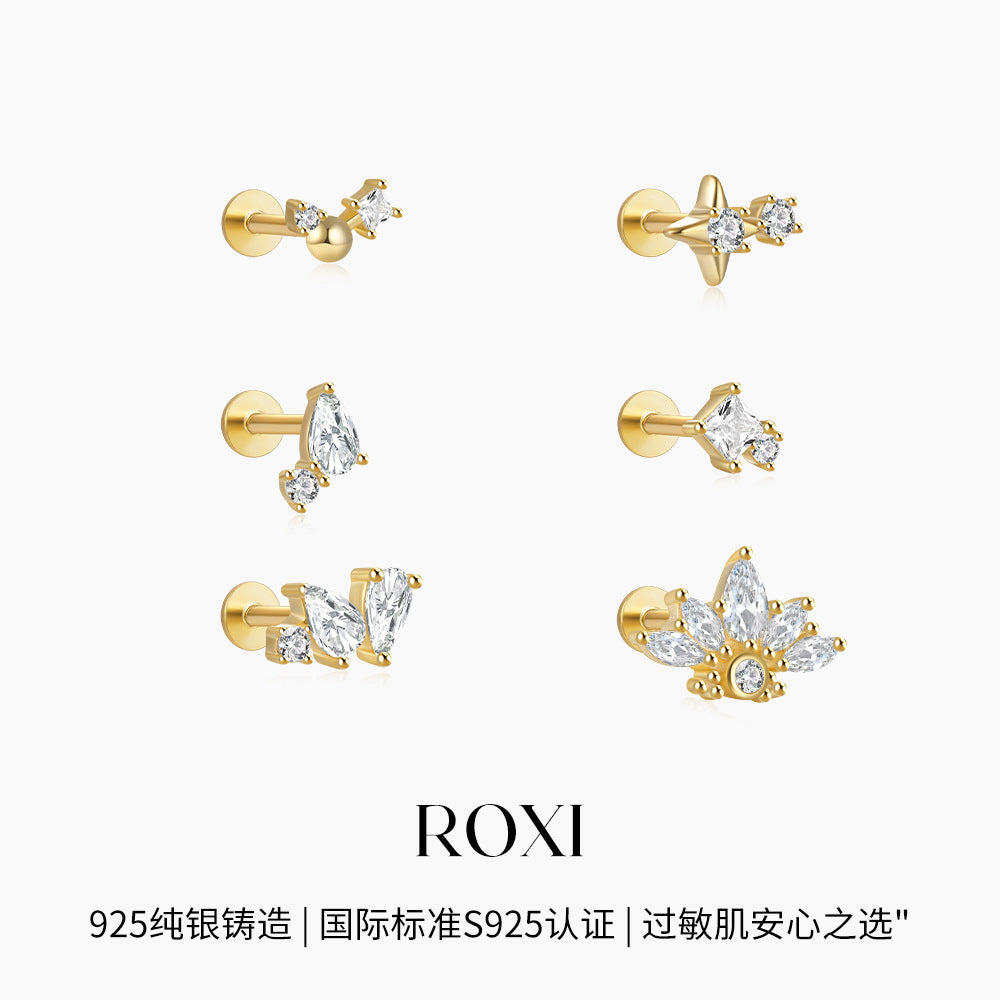 S925Sterling Silver Geometric Star Inlaid with Diamonds Fashion Flat Head Piercing Threaded Ear Bone Stud New Hot-Selling Earrings for Women